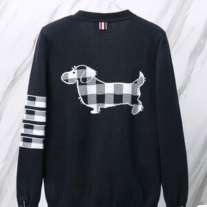 Thom Browne Black Crewneck Sweater with White Checked Dog Motif